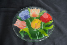 Load image into Gallery viewer, Hand Painted Fused Glass Tulip Serving Platter Round Art Glass Plate Signed 2000
