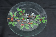 Load image into Gallery viewer, Peggy Karr Chickadees Holly Fused Glass Serving Platter Christmas 11.5 Inch
