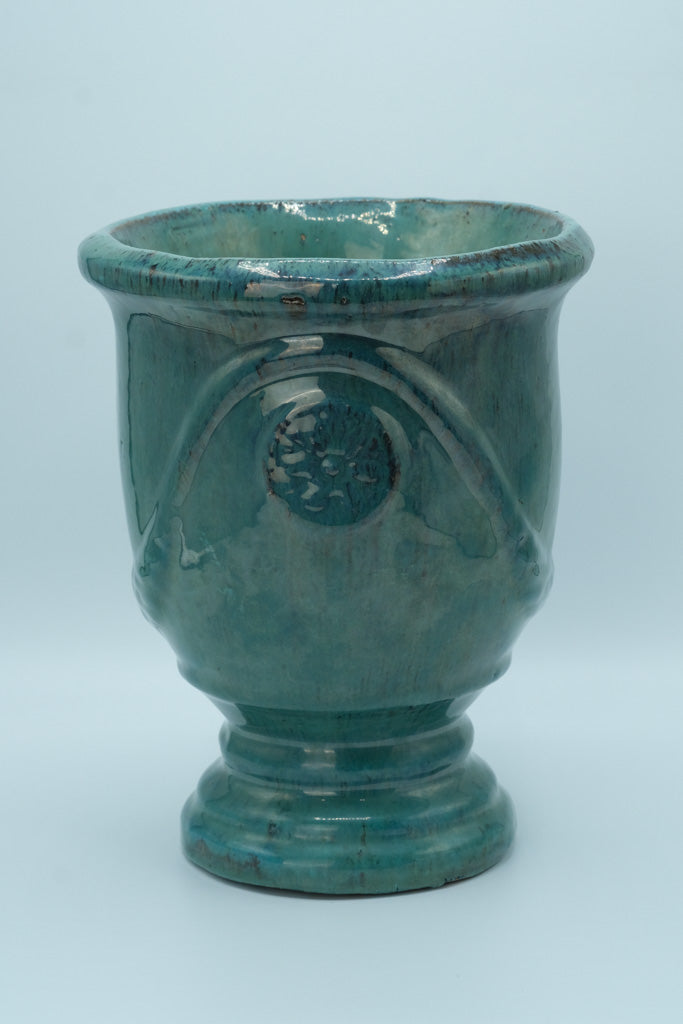Glazed Turquoise Ceramic Vase / Planter with Raised Medallion – 10.5