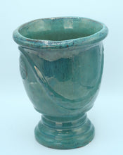 Load image into Gallery viewer, Glazed Turquoise Ceramic Vase / Planter with Raised Medallion – 10.5&quot; Tall
