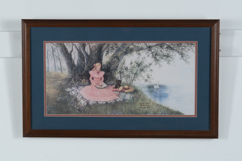 Framed Glynda Turley Limited Edition Print – Victorian Lady Reading by Lake with Swan