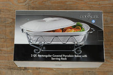Load image into Gallery viewer, Godinger 2-Quart Rectangular Covered Porcelain Baker with Chrome Serving Rack – New in Box
