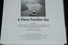 Load image into Gallery viewer, Godinger 6-Piece Fondue Set – Porcelain Pot, Chrome Rack &amp; Stainless Forks (New in Box)
