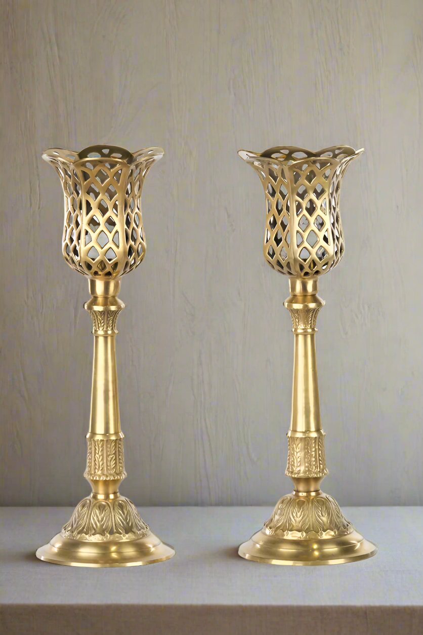 Pair of Brass Autumn Basket Candle Holders