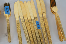Load image into Gallery viewer, Vintage Gold Tone Stainless Steel Flatware Set Floral Embossed Korea 1980s
