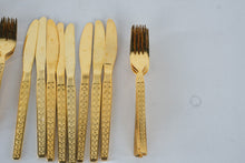 Load image into Gallery viewer, Vintage Gold Tone Stainless Steel Flatware Set Floral Embossed Korea 1980s
