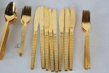 Load image into Gallery viewer, Vintage Gold Tone Stainless Steel Flatware Set Floral Embossed Korea 1980s
