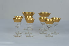 Load image into Gallery viewer, Tiffin Franciscan Vintage Gold Encrusted Crystal Stemware Set of 9 1930s 1950s
