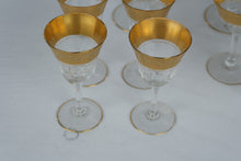 Load image into Gallery viewer, Tiffin Franciscan Vintage Gold Encrusted Crystal Stemware Set of 9 1930s 1950s
