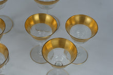 Load image into Gallery viewer, Tiffin Franciscan Vintage Gold Encrusted Crystal Stemware Set of 9 1930s 1950s
