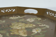 Load image into Gallery viewer, Vintage Hand Painted Tole Tray Grapes and Daisies Gold Metal Serving Tray
