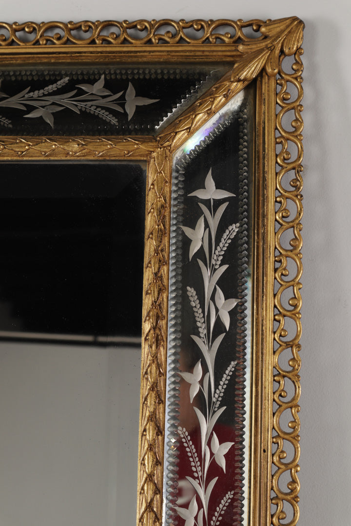 Vintage Etched Mirror With Ornate Gold Metal Frame Beveled Center