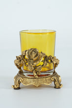 Load image into Gallery viewer, Amber Glass &amp; Gilded Rose Candle Holder – Ornate Hollywood Regency Style (3" x 3.5")
