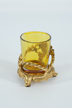 Load image into Gallery viewer, Amber Glass &amp; Gilded Rose Candle Holder – Ornate Hollywood Regency Style (3" x 3.5")
