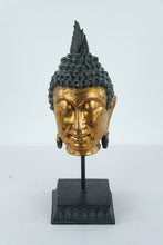 Load image into Gallery viewer, Gilt Bronze Buddha Head on Stand – Southeast Asian Style, Serene Meditation Expression (17” Tall)
