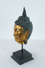 Load image into Gallery viewer, Gilt Bronze Buddha Head on Stand – Southeast Asian Style, Serene Meditation Expression (17” Tall)
