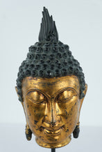 Load image into Gallery viewer, Gilt Bronze Buddha Head on Stand – Southeast Asian Style, Serene Meditation Expression (17” Tall)
