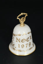 Load image into Gallery viewer, 🎄 Gorham Noel 1978 Christmas Bell – Fine China with Gold Accents &amp; Winter Scene – 4&quot; Tall
