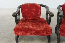 Load image into Gallery viewer, Pair of Antique-Style Carved Wood X-Frame Armchairs in Red Velvet
