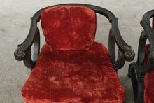 Load image into Gallery viewer, Pair of Antique-Style Carved Wood X-Frame Armchairs in Red Velvet

