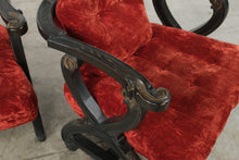 Load image into Gallery viewer, Pair of Antique-Style Carved Wood X-Frame Armchairs in Red Velvet
