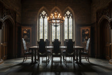 Load image into Gallery viewer, Vintage Oak Dining Table 8 Chairs 3 Leaves Black Upholstered Gothic Revival Set

