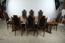 Load image into Gallery viewer, Vintage Oak Dining Table 8 Chairs 3 Leaves Black Upholstered Gothic Revival Set
