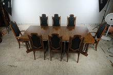 Load image into Gallery viewer, Vintage Oak Dining Table 8 Chairs 3 Leaves Black Upholstered Gothic Revival Set
