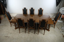 Load image into Gallery viewer, Vintage Oak Dining Table 8 Chairs 3 Leaves Black Upholstered Gothic Revival Set
