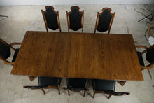 Load image into Gallery viewer, Vintage Oak Dining Table 8 Chairs 3 Leaves Black Upholstered Gothic Revival Set
