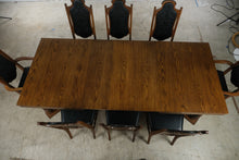Load image into Gallery viewer, Vintage Oak Dining Table 8 Chairs 3 Leaves Black Upholstered Gothic Revival Set
