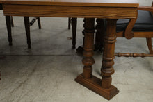 Load image into Gallery viewer, Vintage Oak Dining Table 8 Chairs 3 Leaves Black Upholstered Gothic Revival Set

