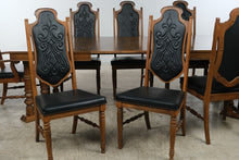 Load image into Gallery viewer, Vintage Oak Dining Table 8 Chairs 3 Leaves Black Upholstered Gothic Revival Set
