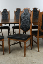 Load image into Gallery viewer, Vintage Oak Dining Table 8 Chairs 3 Leaves Black Upholstered Gothic Revival Set
