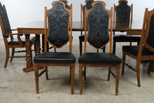 Load image into Gallery viewer, Vintage Oak Dining Table 8 Chairs 3 Leaves Black Upholstered Gothic Revival Set
