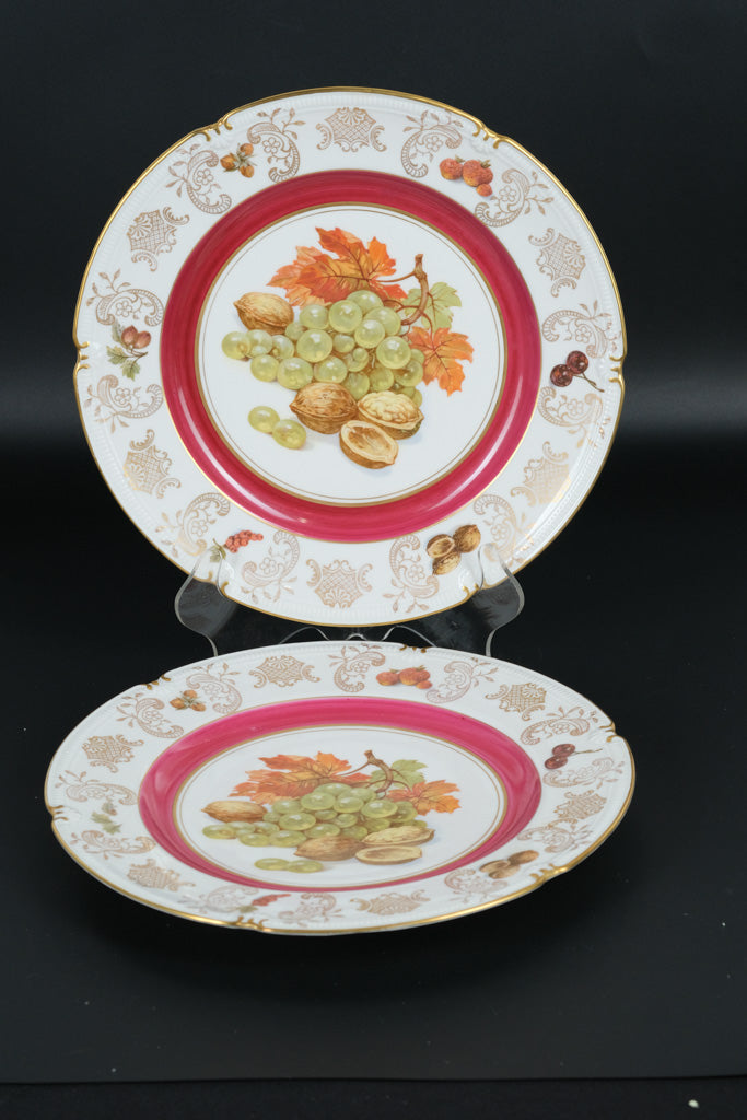 Pair of Winterling Fruit & Nut Plates – Grapes with Autumn Leaves – Pink & Gold Rim – 10