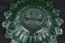 Load image into Gallery viewer, Vintage Emerald Green Pressed Glass Bowl Starburst Scalloped Serving Bowl 10”
