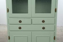 Load image into Gallery viewer, Painted Sage Green Wood Display Cabinet with Ribbed Glass Doors
