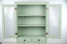 Load image into Gallery viewer, Painted Sage Green Wood Display Cabinet with Ribbed Glass Doors
