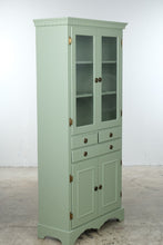 Load image into Gallery viewer, Painted Sage Green Wood Display Cabinet with Ribbed Glass Doors
