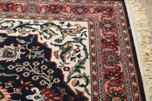 Load image into Gallery viewer, Persian-Style Area Rug with Fringe – Navy, Ivory &amp; Red Medallion Rug – 68" x 92"
