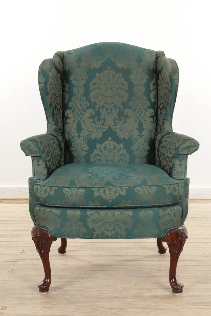 Green Damask Wingback Chair - Statesville Chair Company