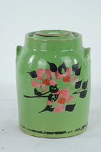 Load image into Gallery viewer, Vintage Green Painted Metal Flour Canister with Lid Floral Kitchen Storage
