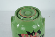Load image into Gallery viewer, Vintage Green Painted Metal Flour Canister with Lid Floral Kitchen Storage
