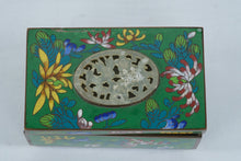 Load image into Gallery viewer, Chinese Cloisonne Enamel Trinket Box Green Floral Design Carved Stone Inset
