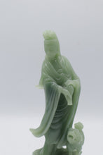 Load image into Gallery viewer, Chinese Green Guanyin Kuan Yin Statue Guardian Lion Lotus Base Asian Decor
