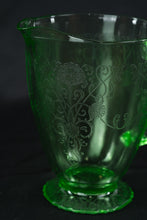 Load image into Gallery viewer, Green Depression Glass Pitcher Floral Etched Uranium Style Glass Jug
