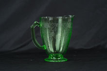 Load image into Gallery viewer, Green Depression Glass Pitcher Floral Etched Uranium Style Glass Jug
