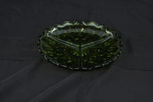 Load image into Gallery viewer, Vintage Green Divided Glass Relish Dish 3 Section Scalloped Serving Tray 9”
