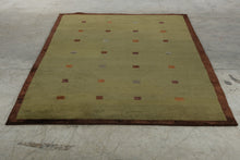 Load image into Gallery viewer, Hand Woven Wool Area Rug Olive Green Brown Geometric Squares 62 x 96
